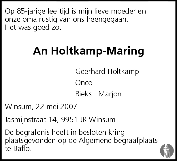 overlijdensadvertentie an holtkamp-maring in 2007.